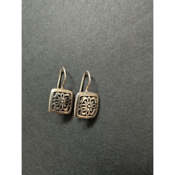 Sterling Silver Square Floral Drop Earrings With Hook Back - Picture 2 of 4